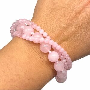 Pink Rose Quartz Bracelet Clear Rhinestone Magnetic Clasp Multi Strand Stone